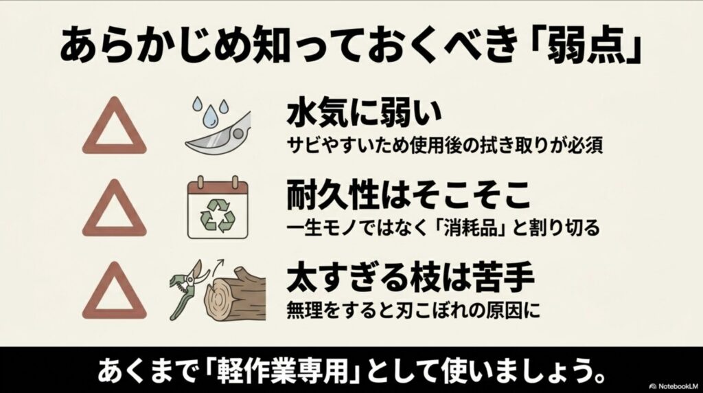 あらかじめ知っておくべき100均園芸ハサミの弱点(水気に弱い・耐久性はそこそこ)