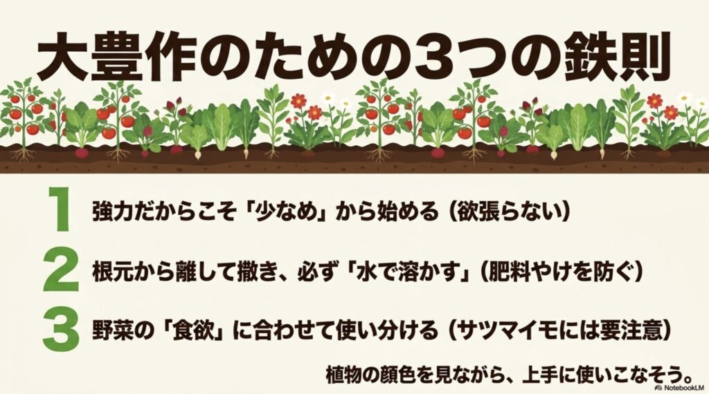 大豊作のための3つの鉄則。少なめから始める、根元から離して水で溶かす、野菜の食欲に合わせて使い分けるというポイントまとめ