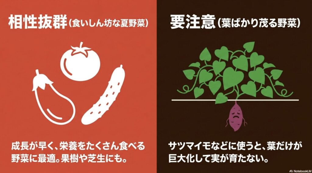 14-14-14肥料と相性抜群の食いしん坊な夏野菜と、要注意であるサツマイモなど葉ばかり茂る野菜の違いを解説