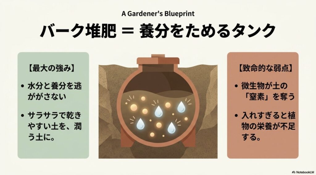 バーク堆肥の水分と養分を保つメリットと、微生物が土の窒素を奪うデメリットをまとめたスライド