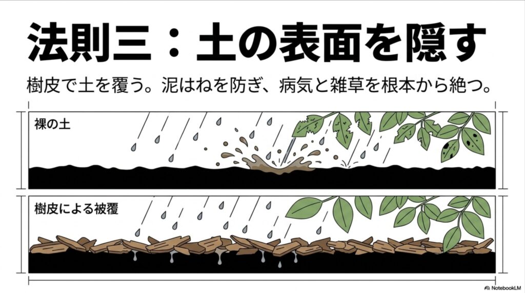 裸の土を樹皮で覆うことで泥はねを防ぎ、病気と雑草を根本から絶つマルチングの図解