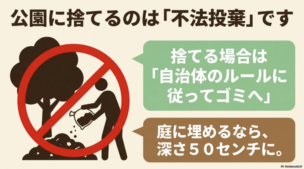 カブトムシの飼育土を公園に捨てるのは不法投棄になるため、自治体のルールに従ってゴミに出すか、庭に深く埋める必要があること。