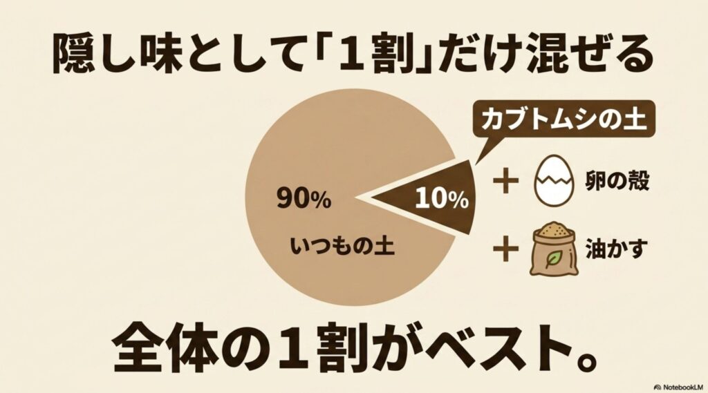 カブトムシの土は全体の1割を隠し味として混ぜるのがベスト。いつもの土や卵の殻、油かすとのブレンド例。