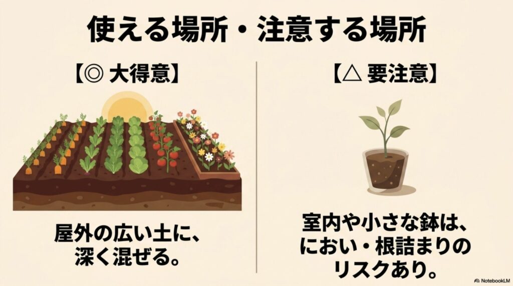 カブトムシの土を使う際、屋外の広い土に深く混ぜるのは大得意だが、室内や小さな鉢はにおいや根詰まりのリスクがあるため要注意。