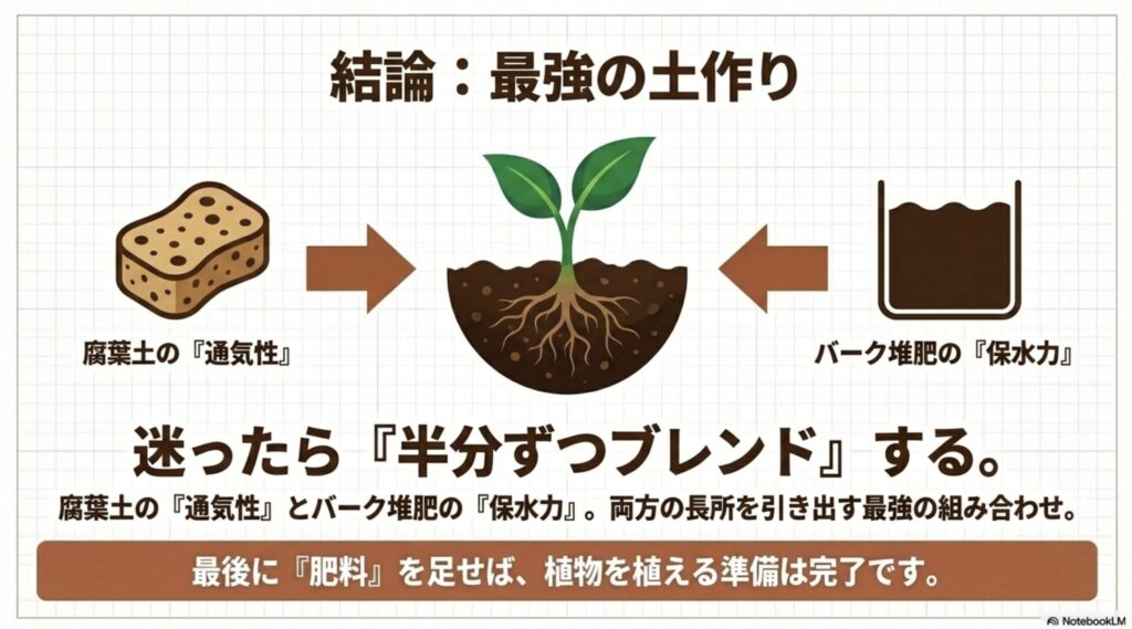 腐葉土の通気性とバーク堆肥の保水力を活かすため、半分ずつブレンドする最強の土作り手法