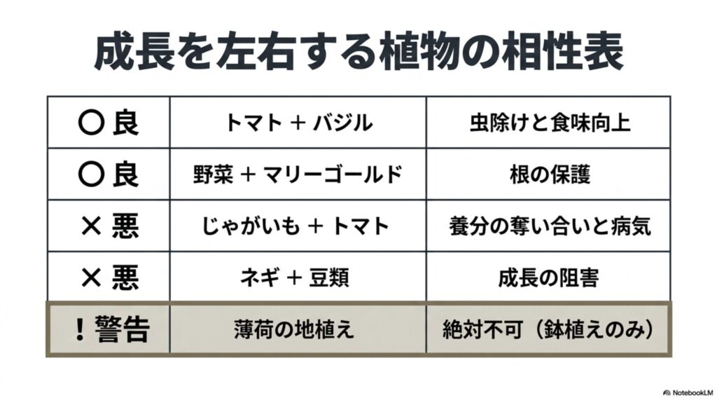 トマトとバジルなど相性の良い組み合わせと、じゃがいもとトマトなど一緒に植えてはいけない野菜の相性表