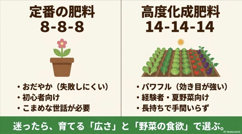 おだやかで初心者向けの8-8-8と、パワフルで経験者向けの高度化成肥料14-14-14の違いと選び方