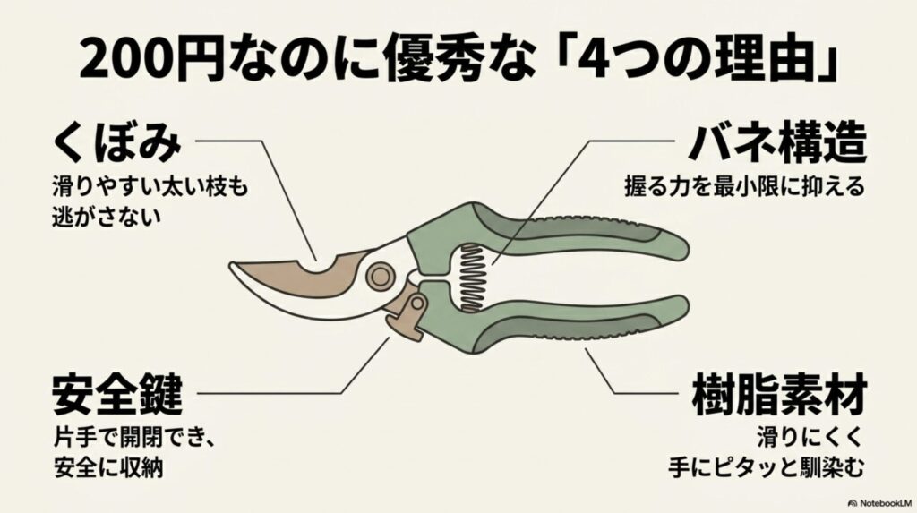 ダイソーの200円枝切りバサミが優秀な4つの理由(くぼみ・バネ構造・安全鍵・樹脂素材)