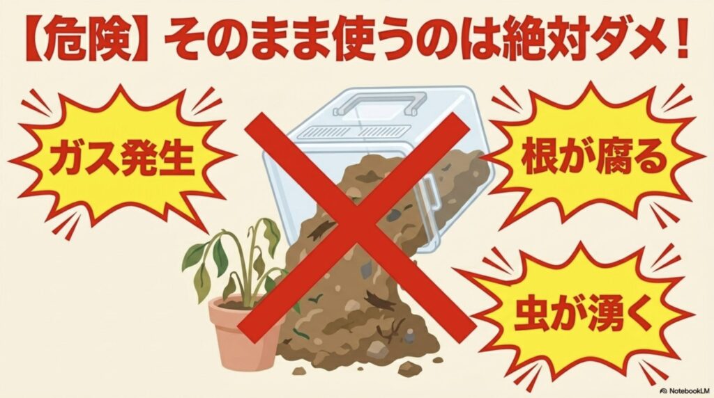 カブトムシのフンをそのまま使うと、ガス発生や根が腐る、虫が湧く原因になるため危険であることを警告するスライド。