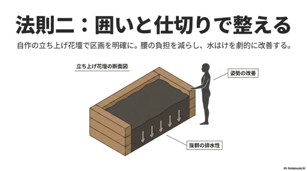 水はけを劇的に改善し、作業時の姿勢と腰の負担を軽減する自作の立ち上げ花壇の断面図