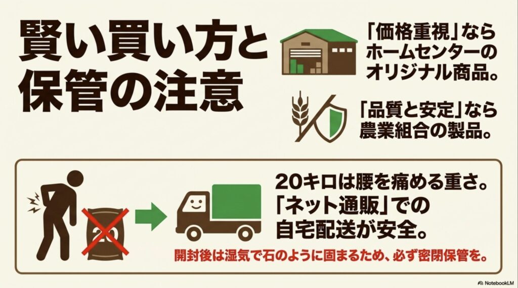 価格重視のホームセンターと品質と安定の農業組合製品の選び方、および開封後は湿気で固まるため密閉保管が必要であるという注意点