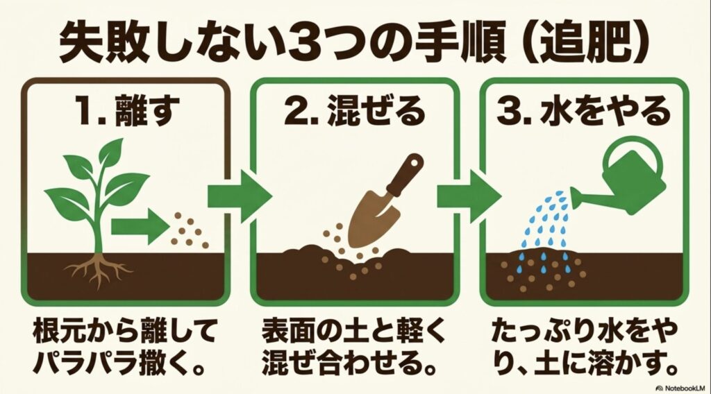 追肥の際は、根元から離してパラパラ撒き、表面の土と軽く混ぜ合わせ、たっぷり水をやり土に溶かすという3つの手順