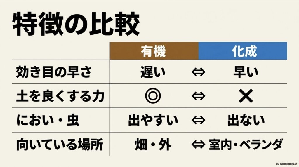 有機肥料と化成肥料の効き目や適した環境の比較表