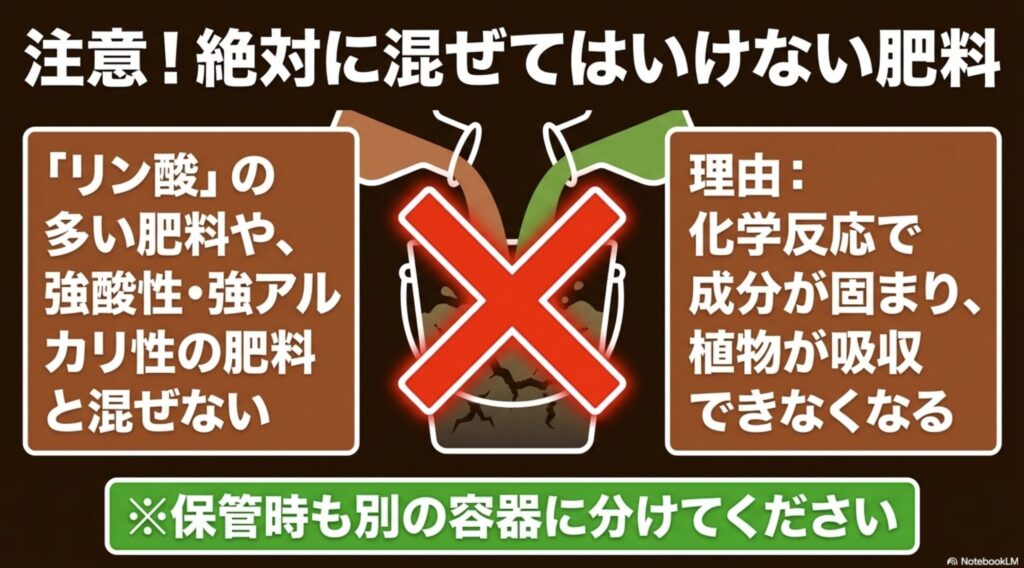 過リン酸石灰や塩化カリウムなど、強酸性・強アルカリ性やリン酸を多く含む肥料とFTE肥料は混ぜてはいけないという注意喚起