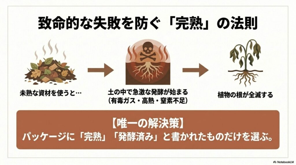 未熟な資材が有毒ガスなどで植物の根を全滅させる危険性と、完熟を選ぶ重要性を解説したスライド