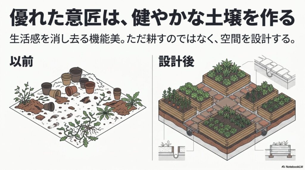 生活感を消し去り空間を設計した家庭菜園のレイアウト(施工前と設計後の比較)