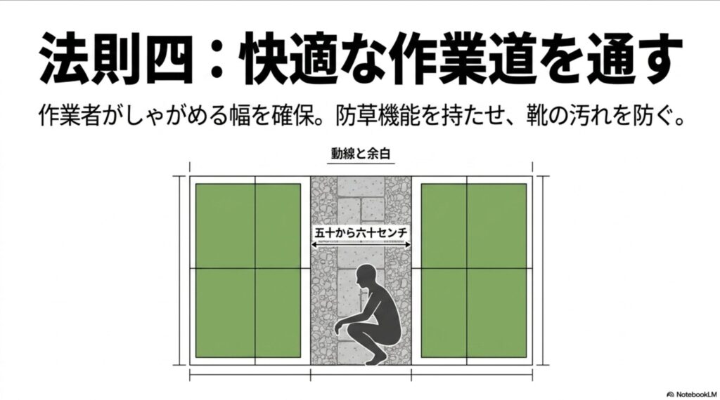 作業者がしゃがめる50センチから60センチの幅を確保し、防草機能を持たせた快適な作業道の図解