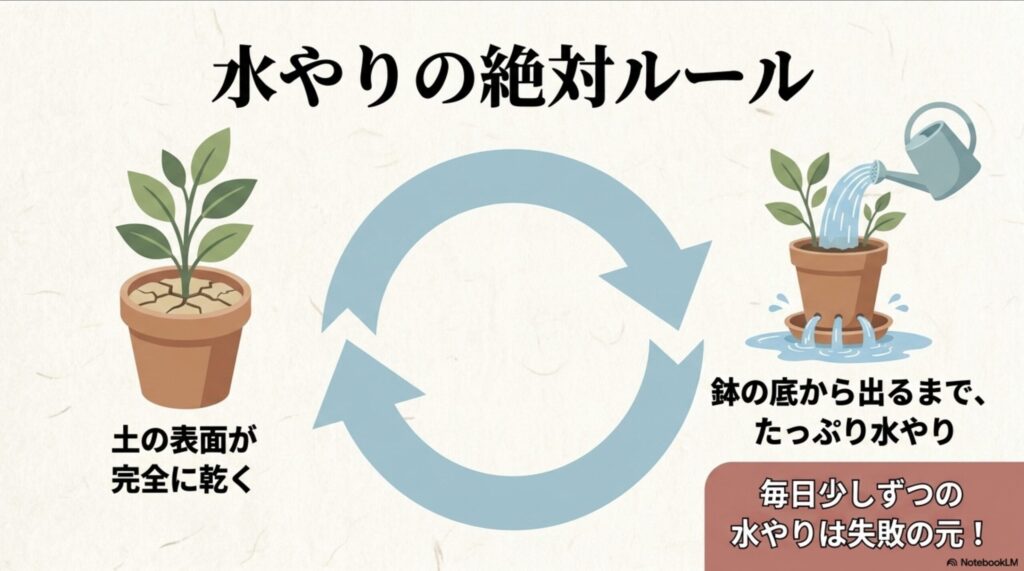 観葉植物の水やりは土の表面が完全に乾いてから鉢の底から出るまでたっぷり与え、毎日の少しずつの水やりは失敗の元になるという図解