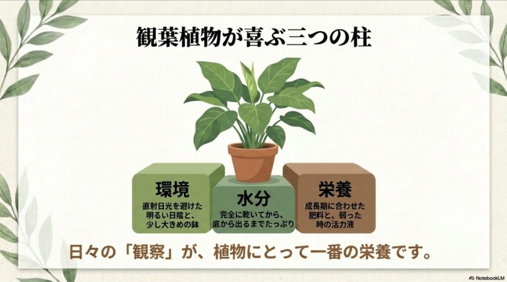 観葉植物を育てるための環境、水分、栄養という三つの柱のまとめと、日々の観察が一番の栄養であるという解説