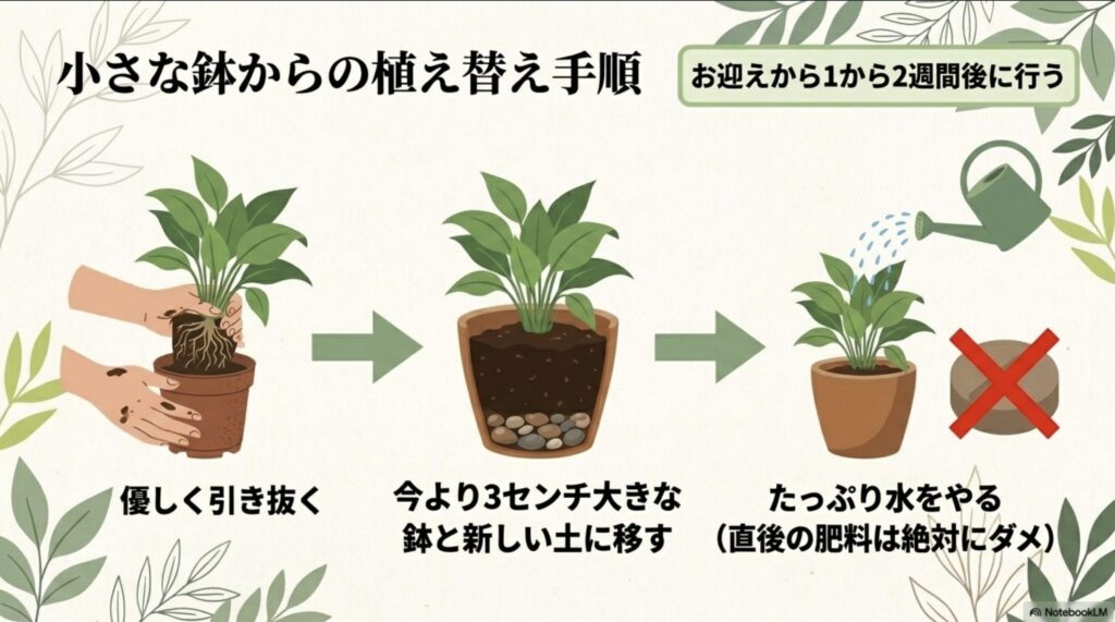 観葉植物をお迎えして1から2週間後に行う、今より3センチ大きな鉢と新しい土への植え替え手順と直後の肥料は控えるという注意点