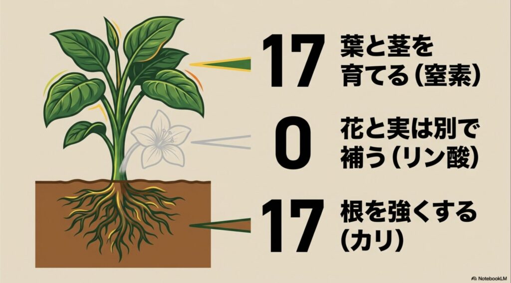 化成肥料17-0-17(NK17)の成分比率を解説するスライド。窒素17%、リン酸0%、カリウム17%の割合で構成され、リン酸を含まない特徴を図解しています。