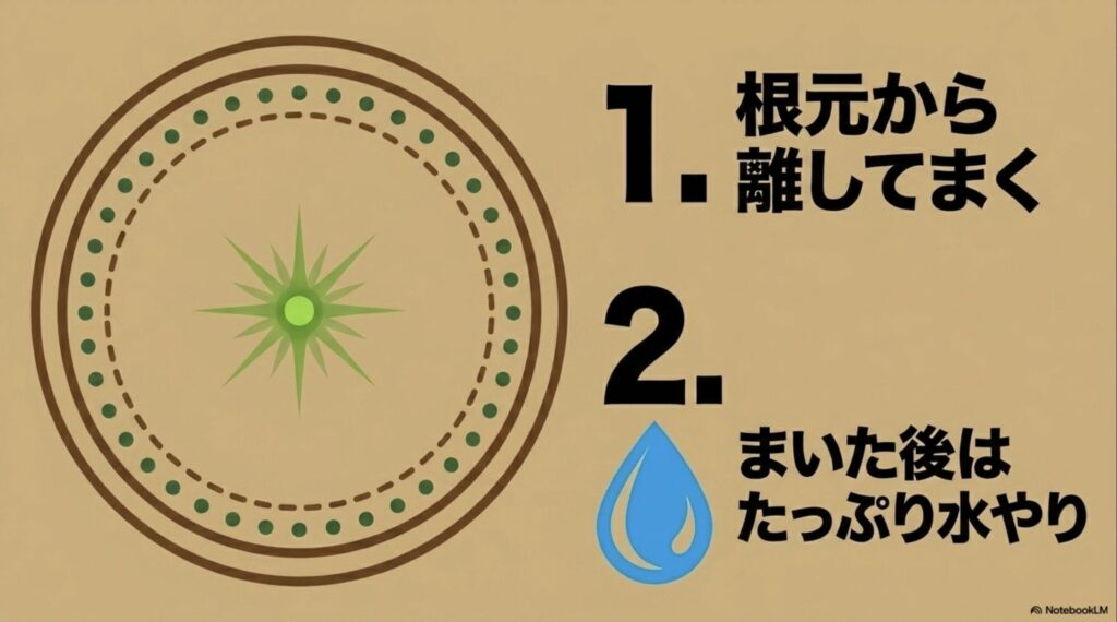 高度化成肥料の散布量目安を示すスライド。1平方メートル(1m×1m)あたり12g〜18gが適量であることを視覚的に解説しています。