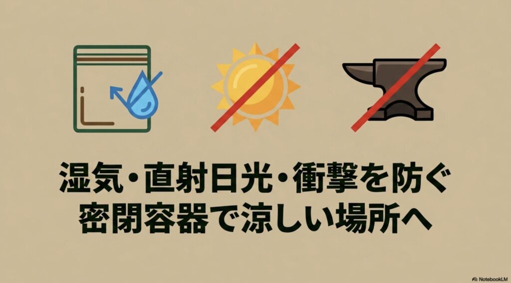 化成肥料の品質維持のための3つの保存ポイント(湿気対策の密閉、直射日光・高温の回避、粒が砕けるのを防ぐ衝撃回避)を説明したスライド。