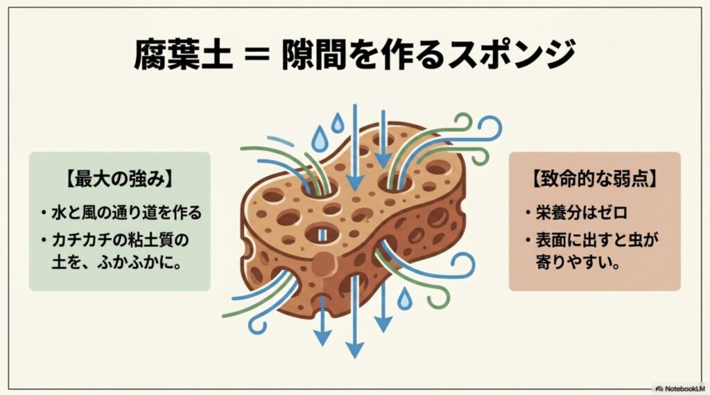 腐葉土が水と風の通り道を作るメリットと、栄養分ゼロなどのデメリットをまとめたスライド