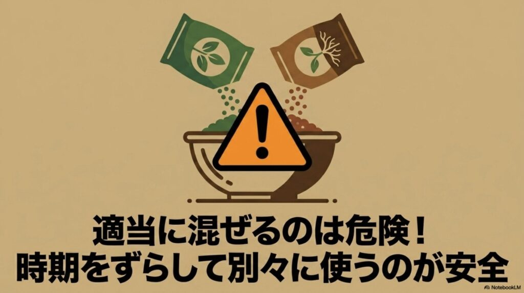肥料を混合する際の注意点(成分の化学反応による沈殿、施肥タイミングの分離、粒子の大きさの不揃いによる散布ムラ)を解説したスライド。