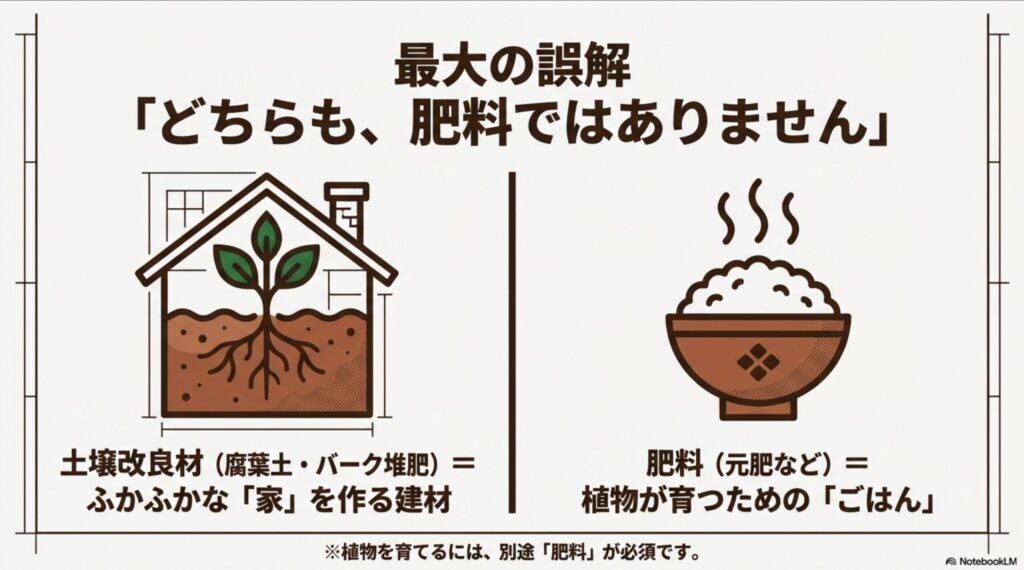 腐葉土とバーク堆肥はふかふかな土を作る土壌改良材であり、植物を育てる肥料ではないことを解説した図解
