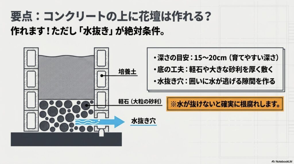 コンクリート上で花壇を作るための水抜き穴や軽石の配置と、育てやすい土の深さ15〜20cmの図解