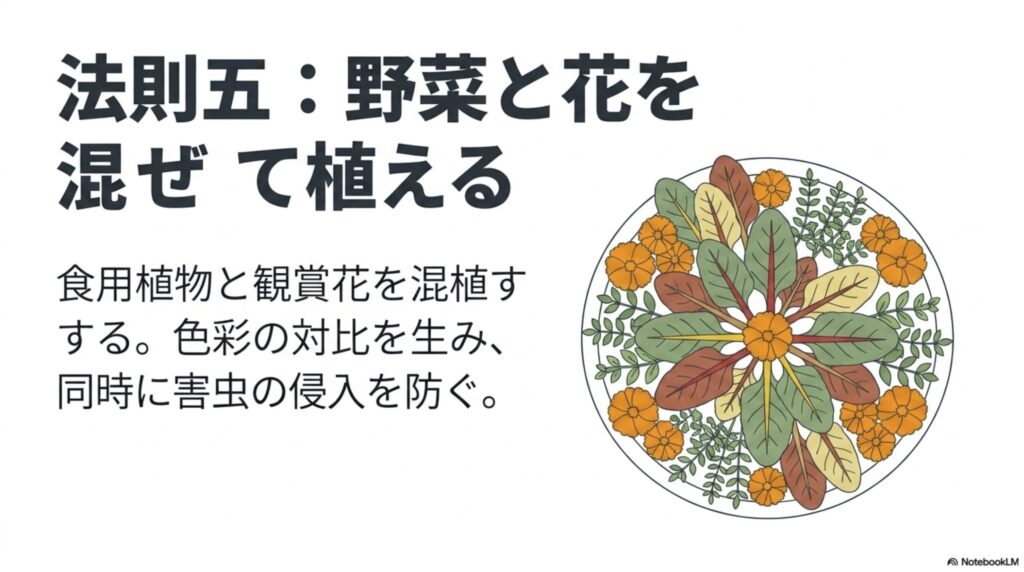 食用植物と観賞花を混ぜて植えることで色彩の対比を生み害虫を防ぐレイアウト