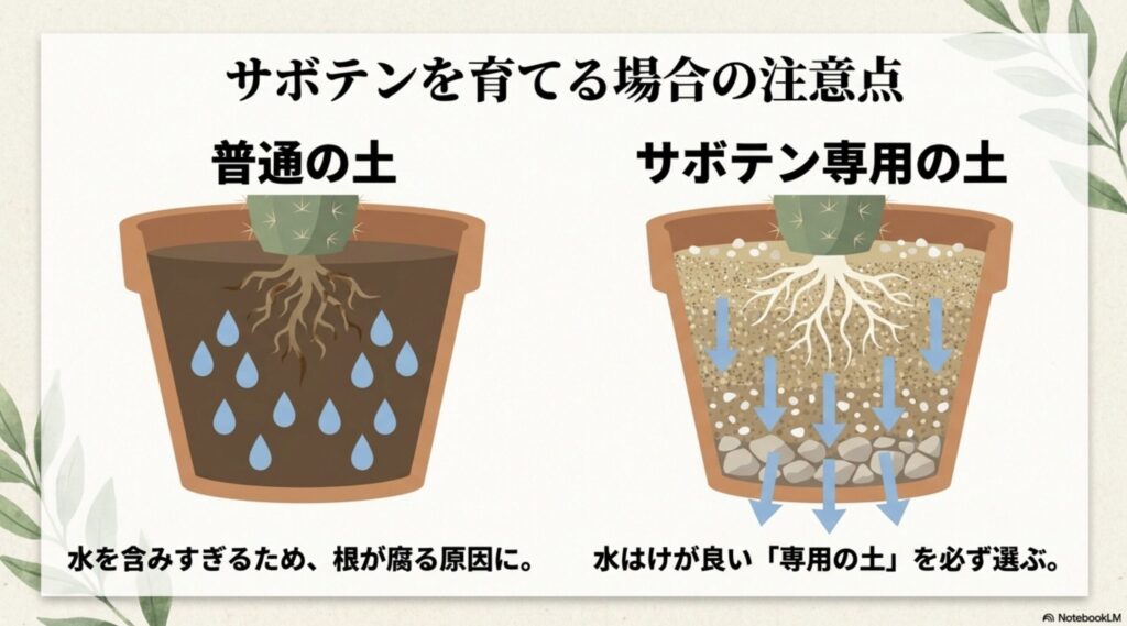 サボテンを育てる際、普通の土は根腐れの原因になるため、水はけが良いサボテン専用の土を必ず選ぶという注意点の図解