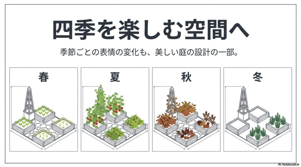 春夏秋冬それぞれの季節に合わせて表情を変える美しい家庭菜園のレイアウト図