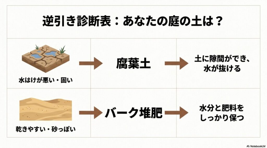 水はけが悪く固い土には腐葉土、乾きやすく砂っぽい土にはバーク堆肥をおすすめする逆引き診断表
