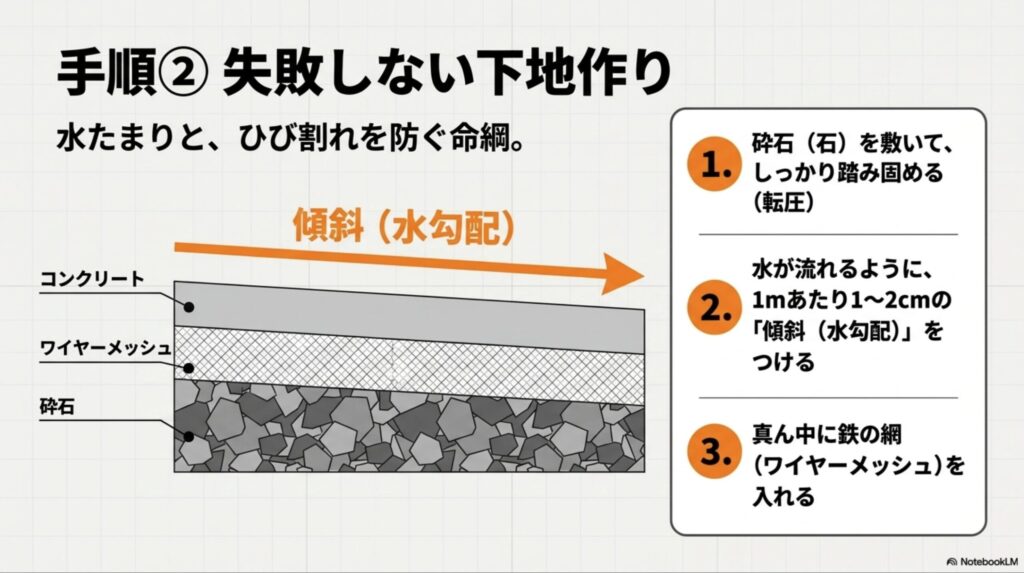 ひび割れや水たまりを防ぐための砕石、ワイヤーメッシュの配置と水勾配の付け方を図解した下地作りの手順