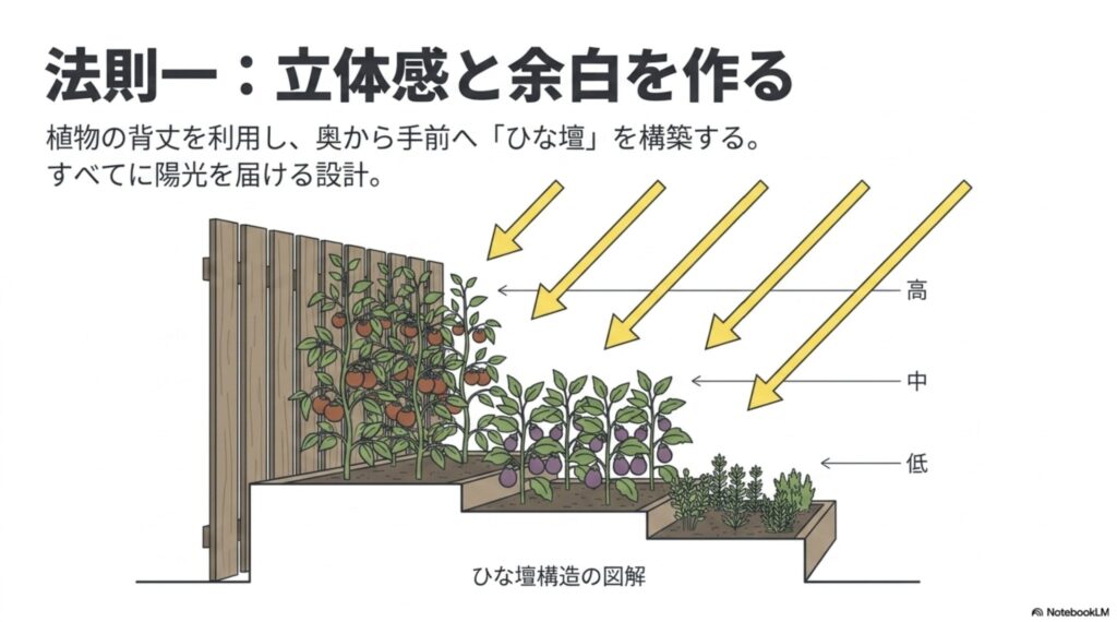 奥から手前へ高・中・低と植物の背丈を利用して構築する、陽光を届けるひな壇構造の図解