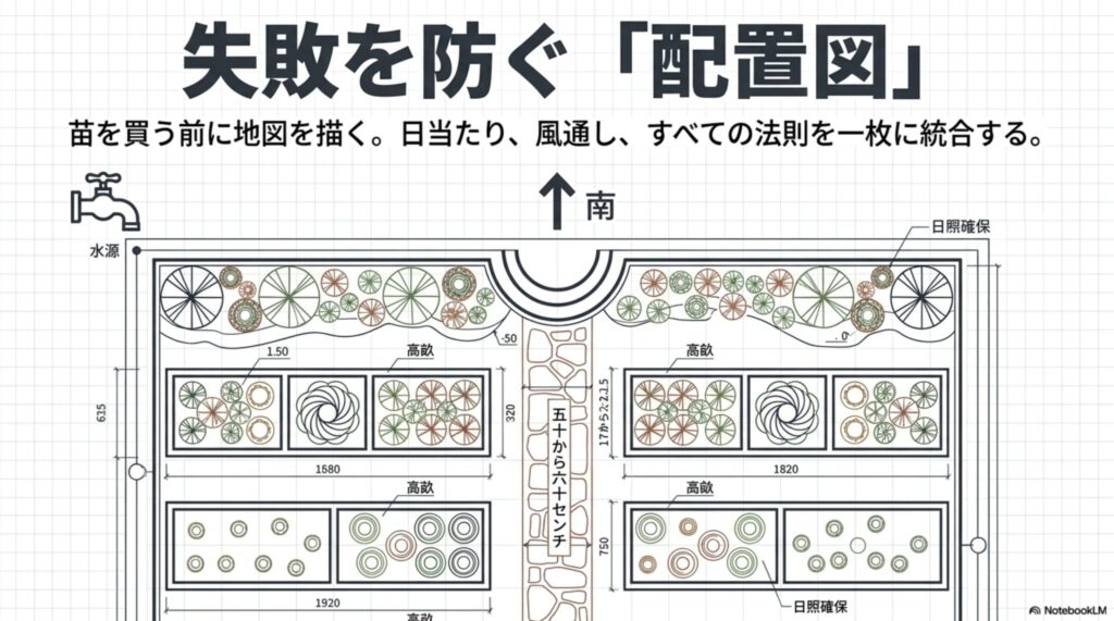 日当たりや水源、動線を事前にシミュレーションする家庭菜園の配置図の例