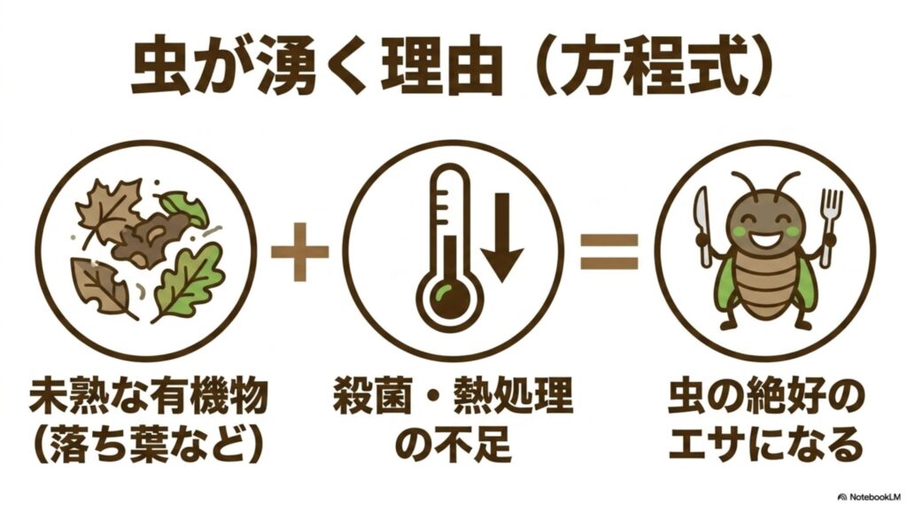 園芸用土に虫が湧く原因となる有機物と殺菌不足の関係図