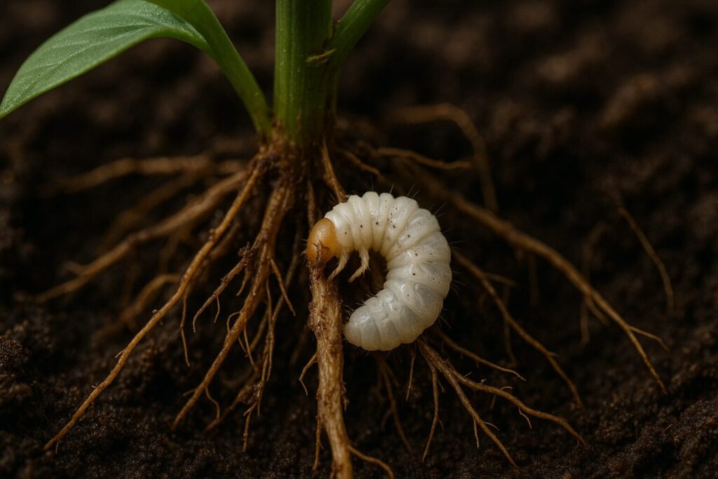 花の根を食べる虫の正体とは?