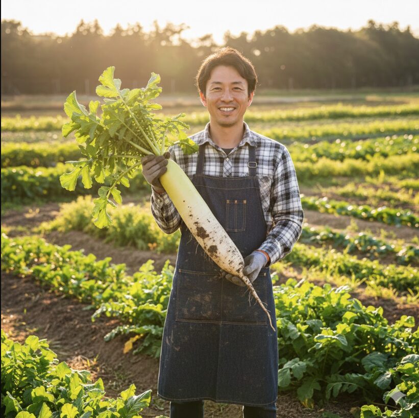 畑で収穫したばかりの大きな大根を笑顔で抱える日本人男性の農家。