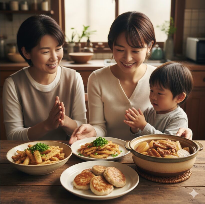 ダイニングテーブルを囲んで大根を使った料理(大根のフライドポテト風、大根餅、豚バラ大根)を食べる親子。