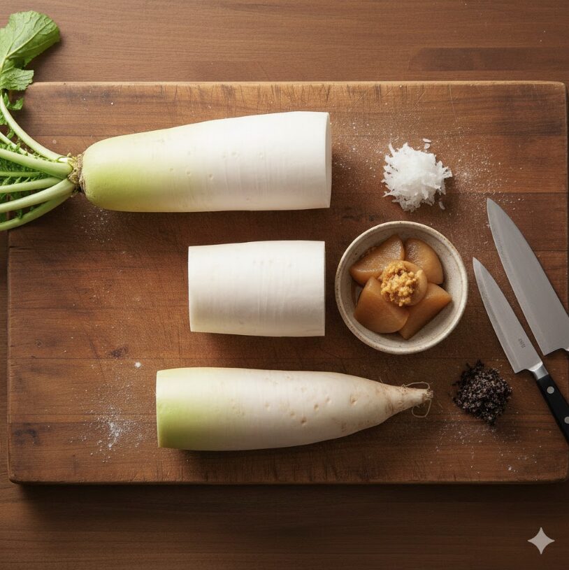 木のまな板の上に置かれた一本の大根が上部、中央部、下部に切り分けられ、それぞれの部位に適した料理(大根サラダ、ふろふき大根、薬味)と関連する調理器具が添えられている。