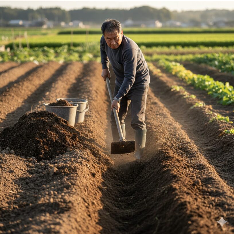 広々とした畑で、鍬を使って丁寧に土を耕す日本人農家の男性。