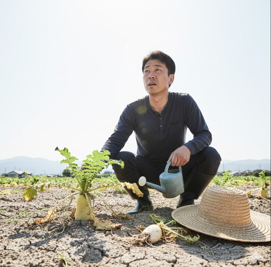 日照りの強い畑で、しおれた大根の葉を見て困惑した表情を浮かべる日本人男性の農家。