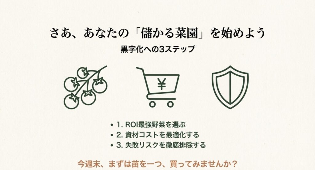 ROI最強野菜の選定、資材コストの最適化、失敗リスクの排除という3つの手順を示したまとめスライド。