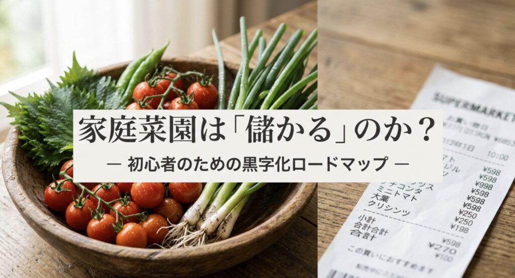 スーパーのレシートと野菜の価格比較イラスト。「家庭菜園は儲かるのか?」という問いかけと黒字化ロードマップのタイトルスライド。