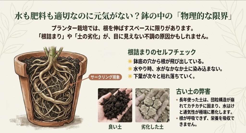 根詰まりと土の状態:鉢の中で根が螺旋状に巻いて詰まっているイラスト(サークリング現象)と、団粒構造の良い土、ひび割れて固まった劣化した土の比較画像。