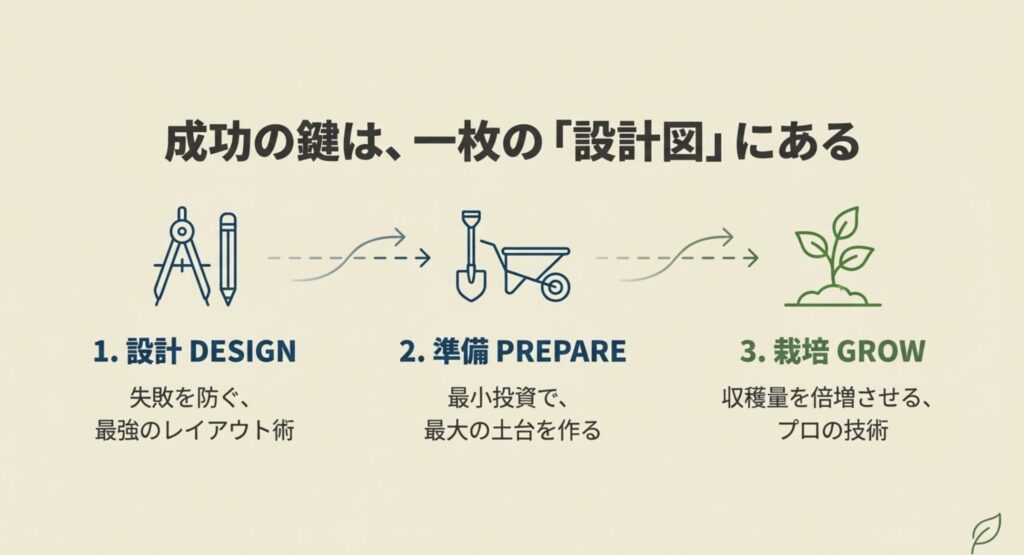 設計・準備・栽培の3段階で進める家庭菜園の成功プロセスを示すイラスト