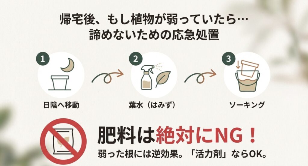 植物が弱っていた場合の3ステップ(日陰へ移動、葉水、ソーキング)と、弱っている時に肥料を与えてはいけないという注意喚起のイラスト。